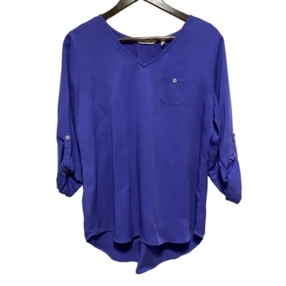 Soft Surroundings Blouse Womens XS Blue Pullover Roll Tab Sleeve Lyocell Relaxed